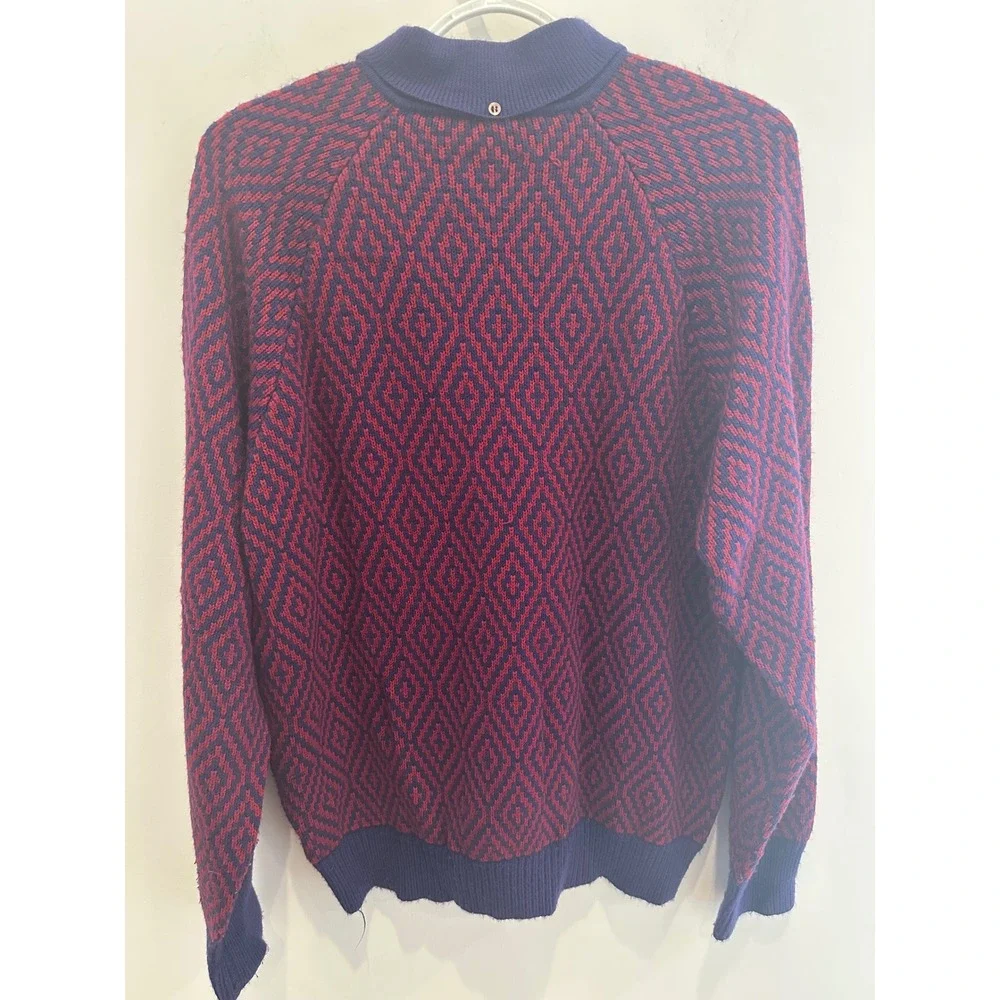 Vintage 70s Donegal Estate Knit Grandpa Sweater Purple Red Diamond Pattern XL